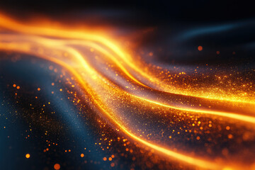 Obraz premium Abstract glowing wave of golden particles on a dark background, cosmic dust and energy.