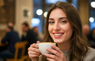 Young woman enjoying a cup of coffee in a cozy setting