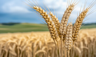 Golden Wheat Field: Captivating image of golden wheat field, with a focus on wheat spikes. conveying the rich hues of the harvest season.