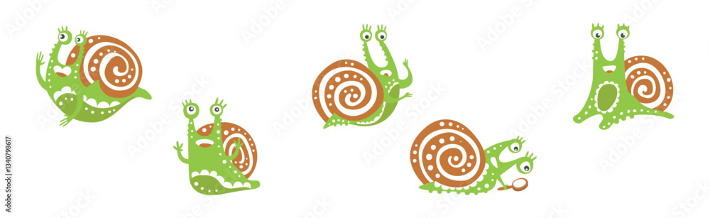 Poster funny snail with spiral shell show different emotion vector set