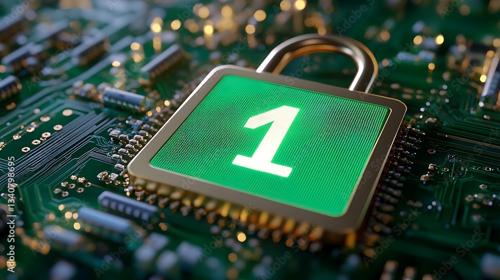 Poster green digital lock sign with number one on circuit board background representing data security conce