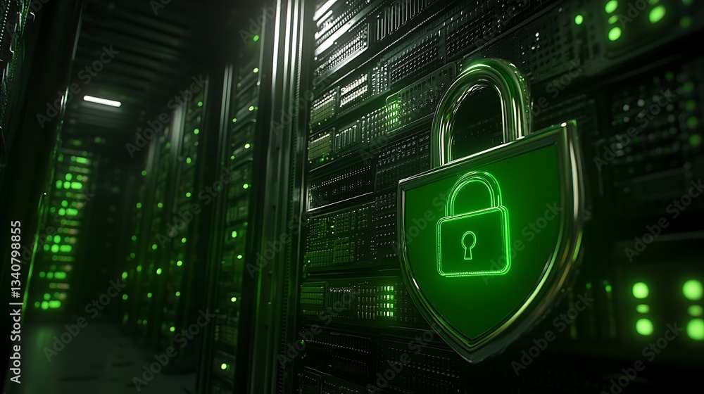 Poster green digital lock symbol with server racks in background representing cybersecurity and data protec