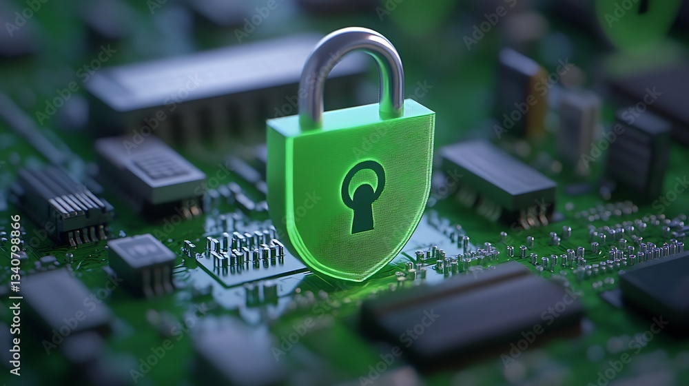 Poster green digital padlock on circuit board background symbolizing online security and data protection te
