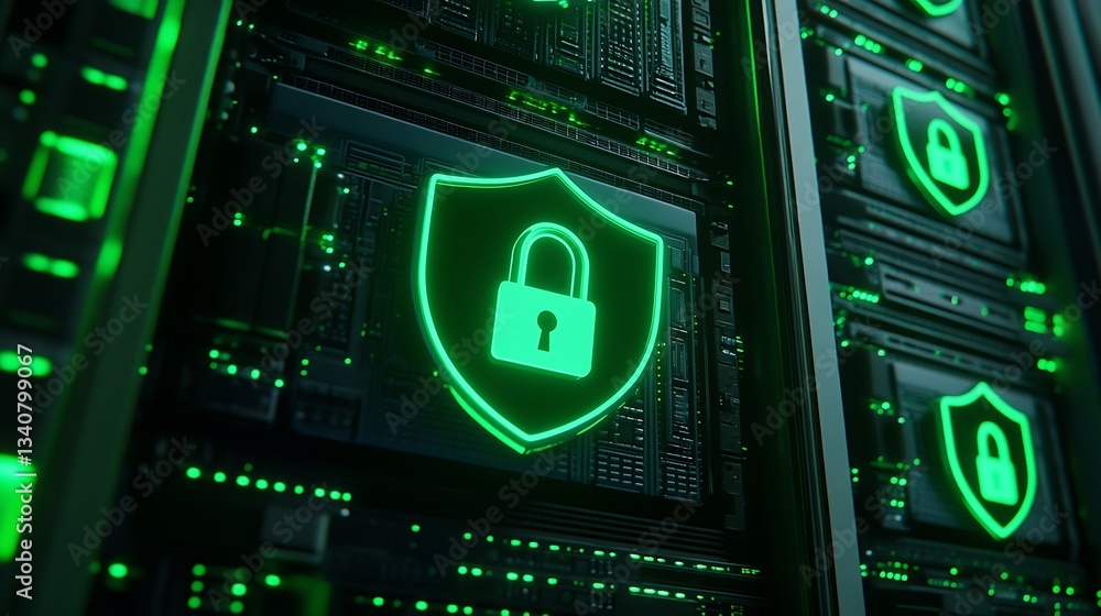Poster green digital shield symbol representing cyber security protection on server database infrastructure