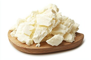 Heap of shea butter on wooden plate, isolated against a pristine white backdrop capturing natural light from overhead