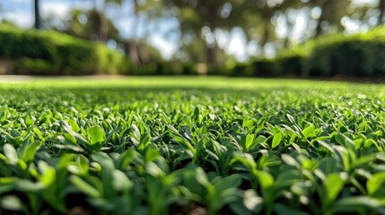 A close-up shot of freshly grown grass with vibrant green colors and no signs of brown patches, symbolizing healthy lawn care