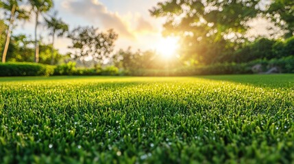 Obraz premium A freshly watered lawn with visible green hues and water droplets on each blade of grass under soft morning sunlight.