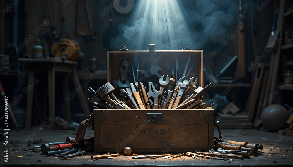 Poster workshop tools: a weathered toolbox overflows with an assortment of tools, illuminated by a dramatic