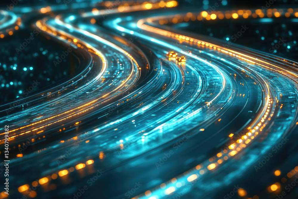 Poster abstract image of glowing teal and orange lines curving like a futuristic highway at night.