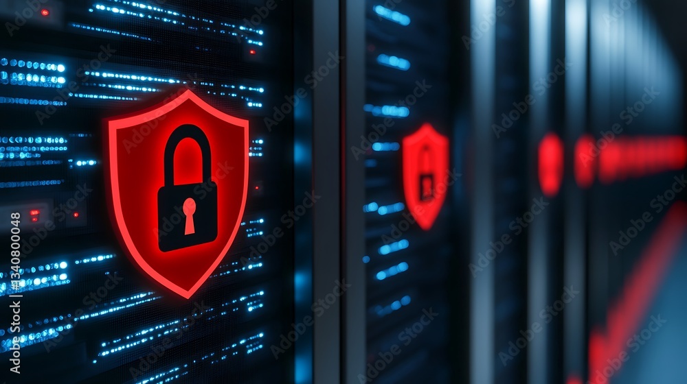 Aufkleber high-tech data center with glowing security shield symbolizing cybersecurity protection and digital 