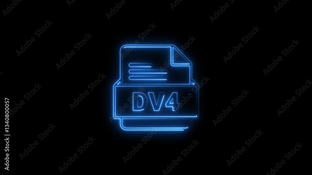 Poster neon glowing dv4 file format icon and symbol animation on black background