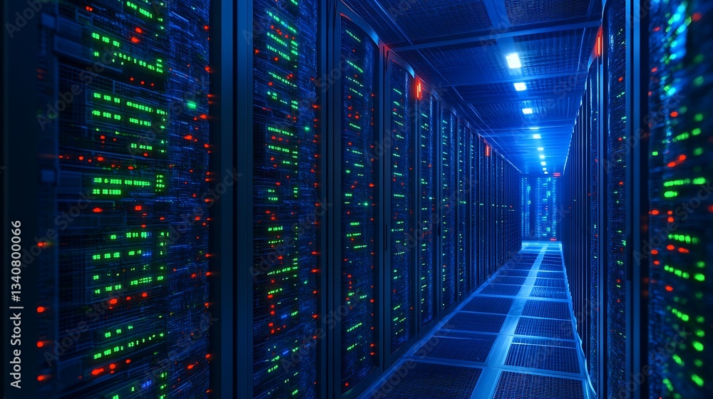 Poster high-tech data center aisle with illuminated server racks and cool lighting effects