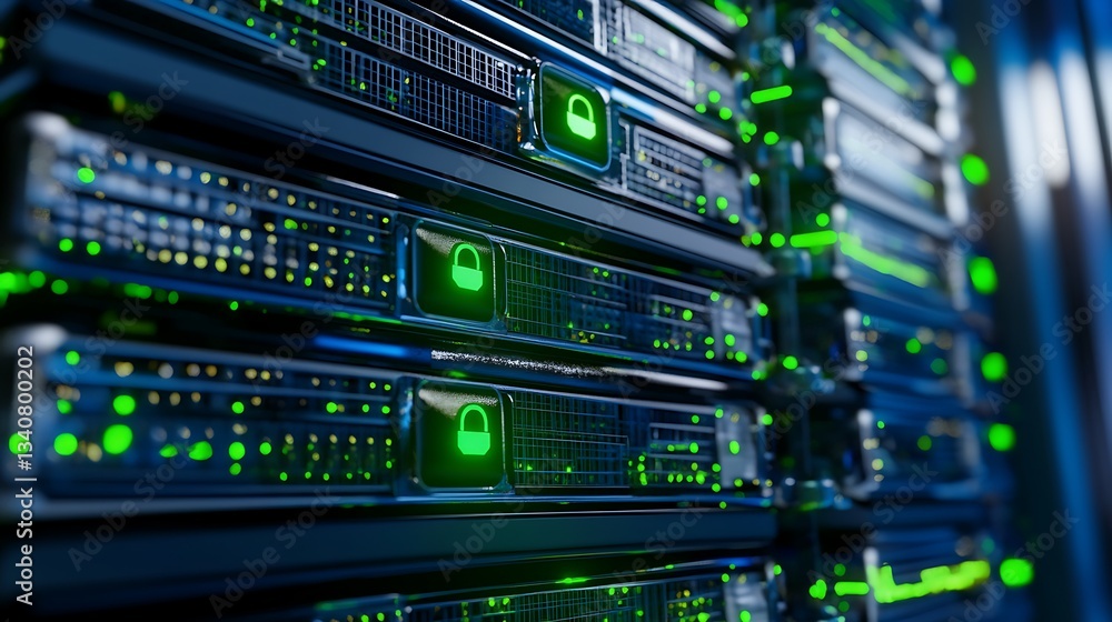Poster high-tech data center with server racks and security locks illuminated by green led lights