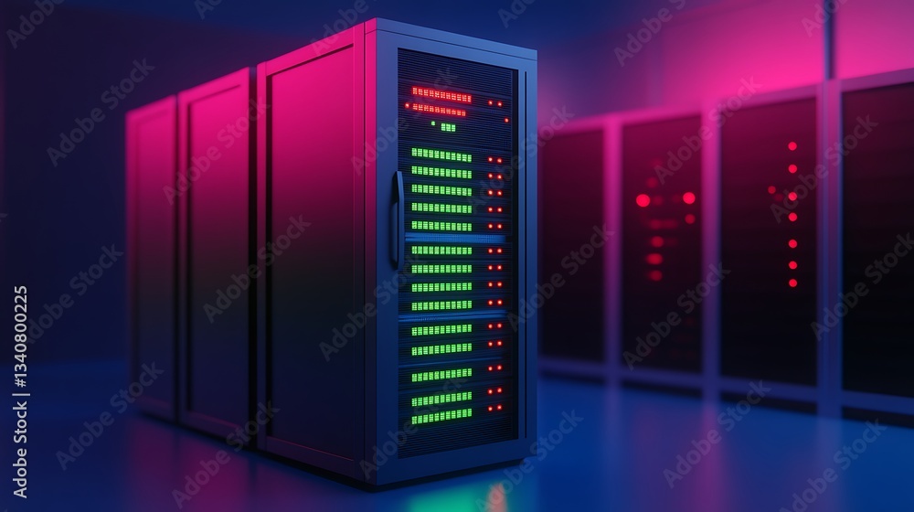 Poster high-tech data center with server racks illuminated by neon lights in a modern digital environment
