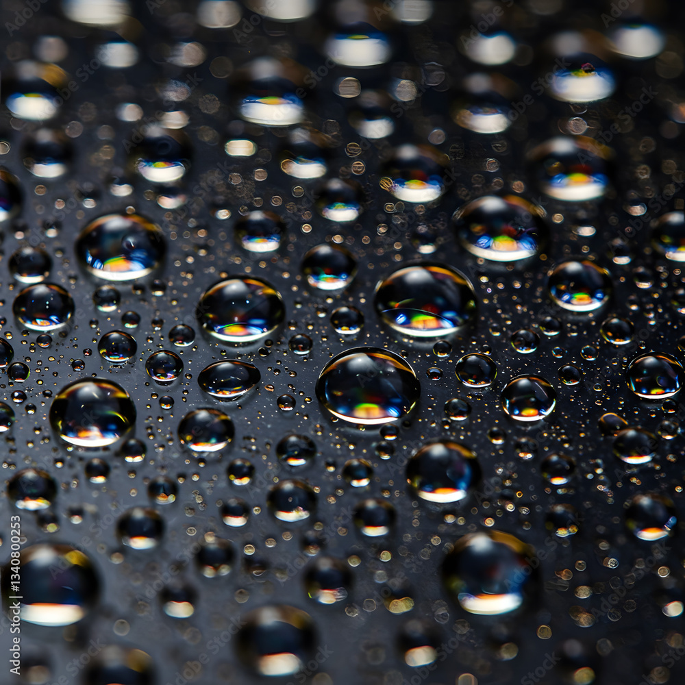 Poster sparkling water droplets: an artistic macro shot showcasing the reflective beauty of water droplets 
