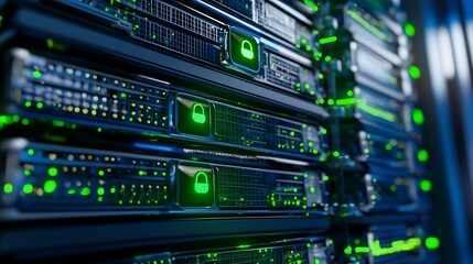 High-Tech Data Center with Server Racks and Security Locks Illuminated by Green LED Lights