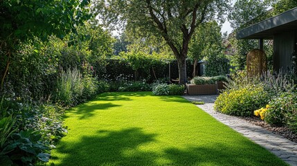 Obraz premium A large green lawn surrounded by low-maintenance plants, a tree, and a small garden bed, all in perfect harmony.