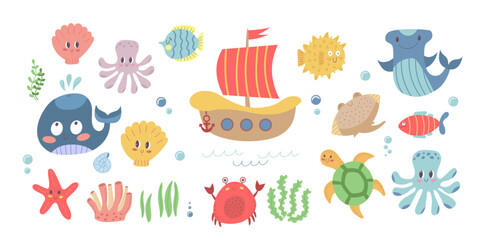Hand-drawn marine life clipart set with cute ocean creatures, coral, and seaweed – great for children’s books, stickers, and summer beach party decorations