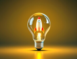Surreal Business Concept: A Lightbulb with a Rocket Inside, Symbolizing Innovation and Startups