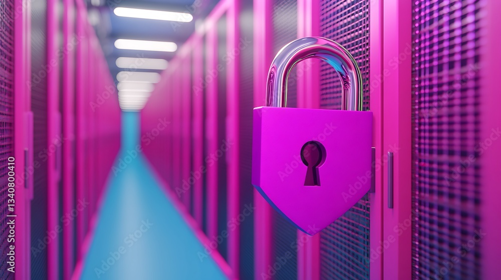 Poster high-tech digital security lock on server rack in futuristic data center with neon lighting and colo
