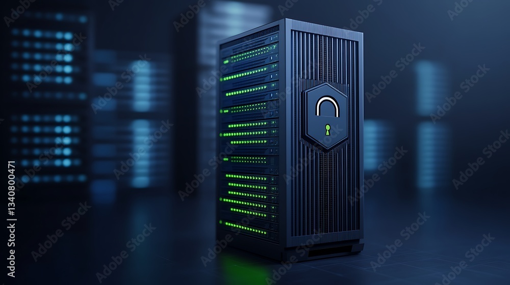 Poster high-tech server rack with green lights in a modern data center environment showcasing cybersecurity