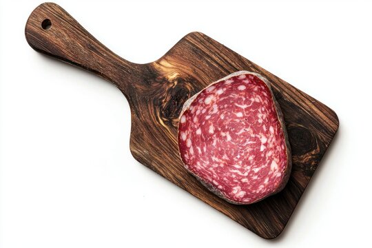 Artisanal salami slice presentation on rustic wood serving board creates a premium culinary experience
