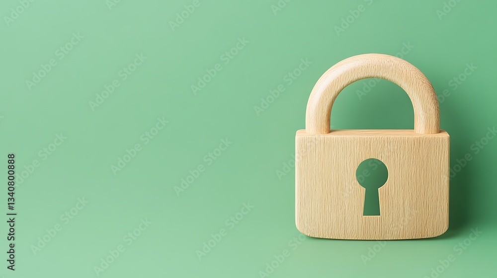 Poster minimalistic wooden padlock on a soft green background symbolizing security and privacy in the digit