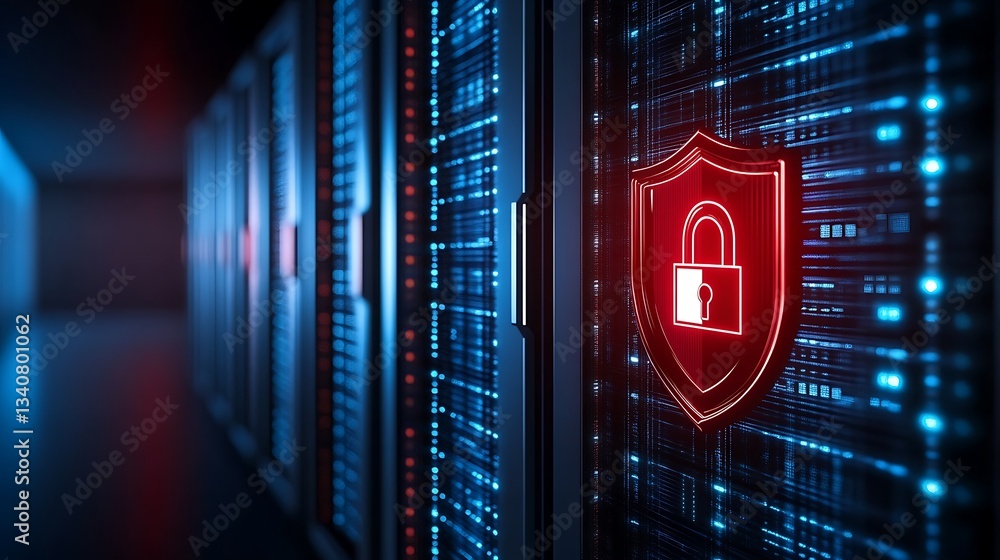 Poster modern data center with cybersecurity shield icon and illuminated server racks representing digital 