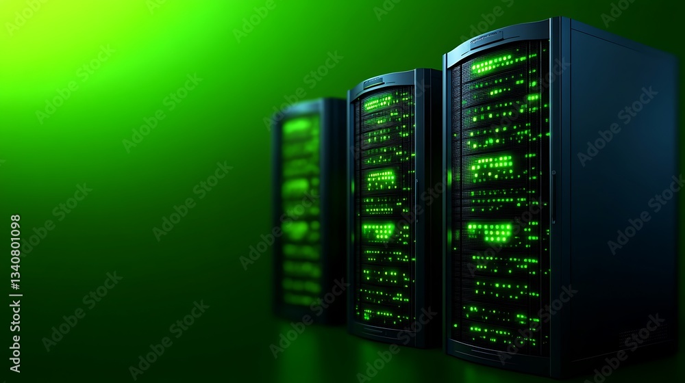 Poster modern data center with illuminated server racks showcasing technology and digital connectivity in g