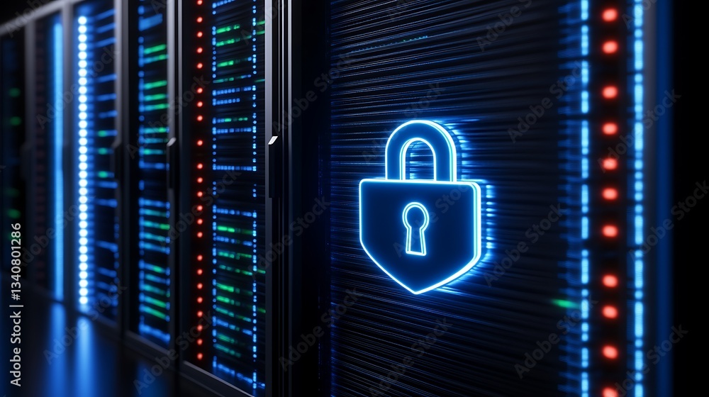 Aufkleber modern data center with neon lock symbol representing cybersecurity and data protection concept