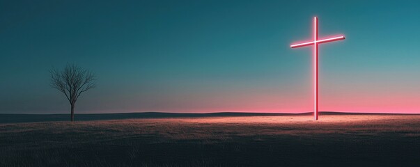 Obraz premium A serene landscape featuring a glowing cross and a lone tree under a twilight sky.