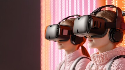Two young girls wearing virtual reality headsets and headphones immerse themselves in a digital world, showcasing modern technology's engaging nature, Ideal for advertising, education