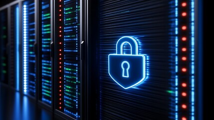 Modern Data Center with Neon Lock Symbol Representing Cybersecurity and Data Protection Concept
