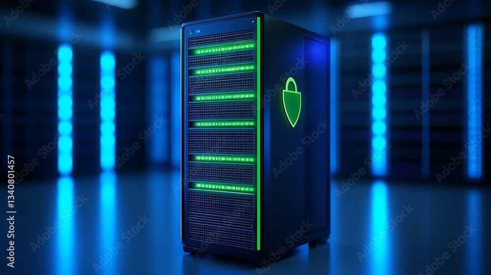 Aufkleber modern data server with cool blue lighting and security shield design in high-tech data center envir