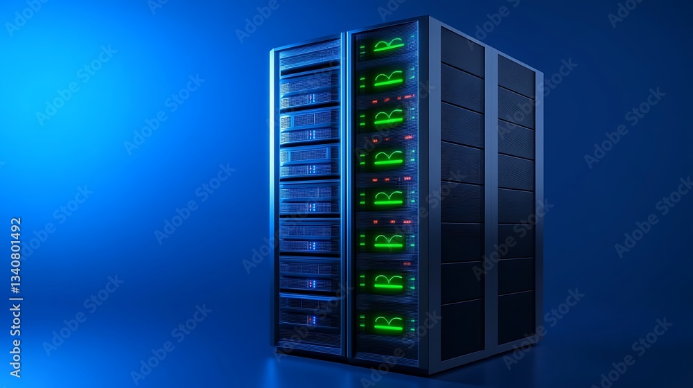 Poster modern data server rack with led indicators in a blue background for technology and it illustrations