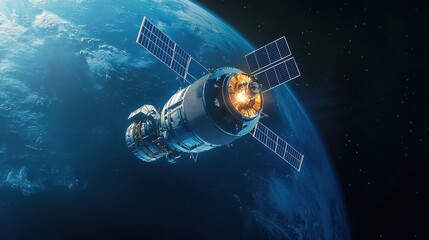 A detailed view of a satellite orbiting Earth in outer space, showcasing advanced technology.