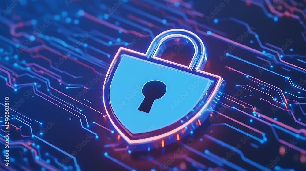 Poster modern digital lock shield concept representing cybersecurity and data protection in a technology en