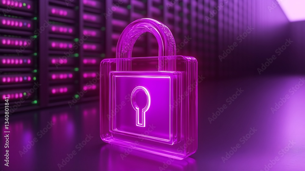 Poster modern digital lock with neon glow on server background, symbolizing data security and cyber protect