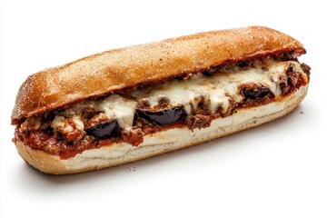 Delicious eggplant parmesan sub sandwich with melted mozzarella cheese rustic food culinary delight