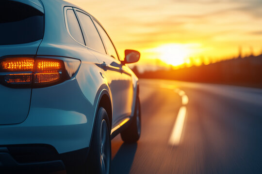 A modern white SUV driving on an open highway at sunset, with the warm golden light reflecting off the sleek body, symbolizing travel.