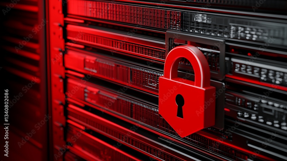 Poster modern digital security concept with red lock on server rack in data center environment