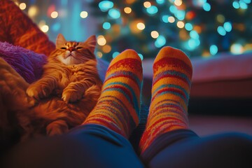 Soft light, warm socks, purring cat, plush sofa 