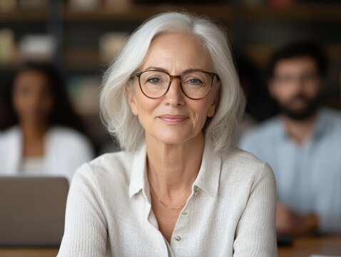Confident Senior Leaders Portrait Natural Workforce Portrait, Goal Oriented Team In Background With Laptop, Formal Attire, Delicate Gold Necklace, Soft Smile, And Approachable Demeanor