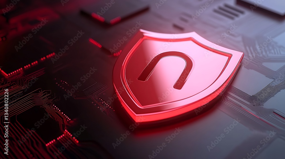 Poster modern digital shield symbol with red glow on a circuit board background representing cybersecurity 