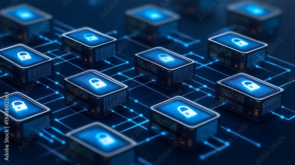 Aufkleber modern network security concept with digital servers and lock icons representing data protection mea