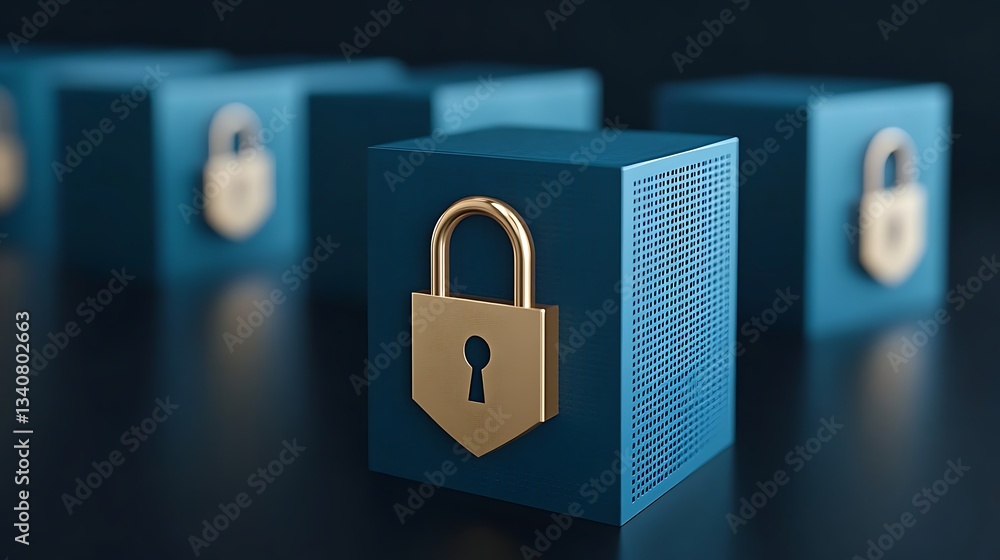 Poster modern security concept with digital lock icon on blue cubes for cybersecurity and data protection t