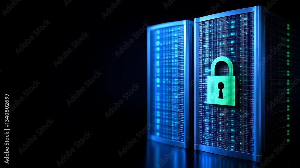 Poster modern server room with digital lock symbol representing cybersecurity and data protection technolog