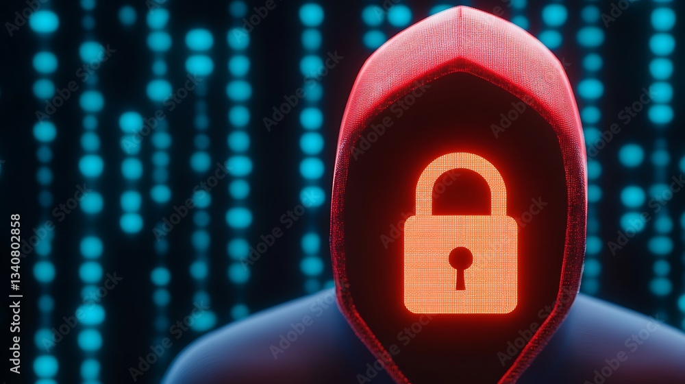 Poster mysterious figure in red hoodie with lock symbol against digital binary background representing cybe
