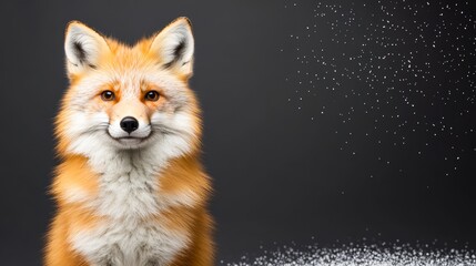 Obraz premium A captivating portrait of a fox with bright orange fur and a playful expression, set against a dark background with whimsical snow-like particles, Ideal for wildlife themes or nature-focused projects