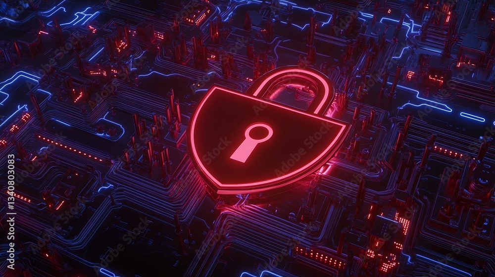 Aufkleber neon cyber lock symbol in a digital cityscape with circuit patterns and futuristic technology backgr